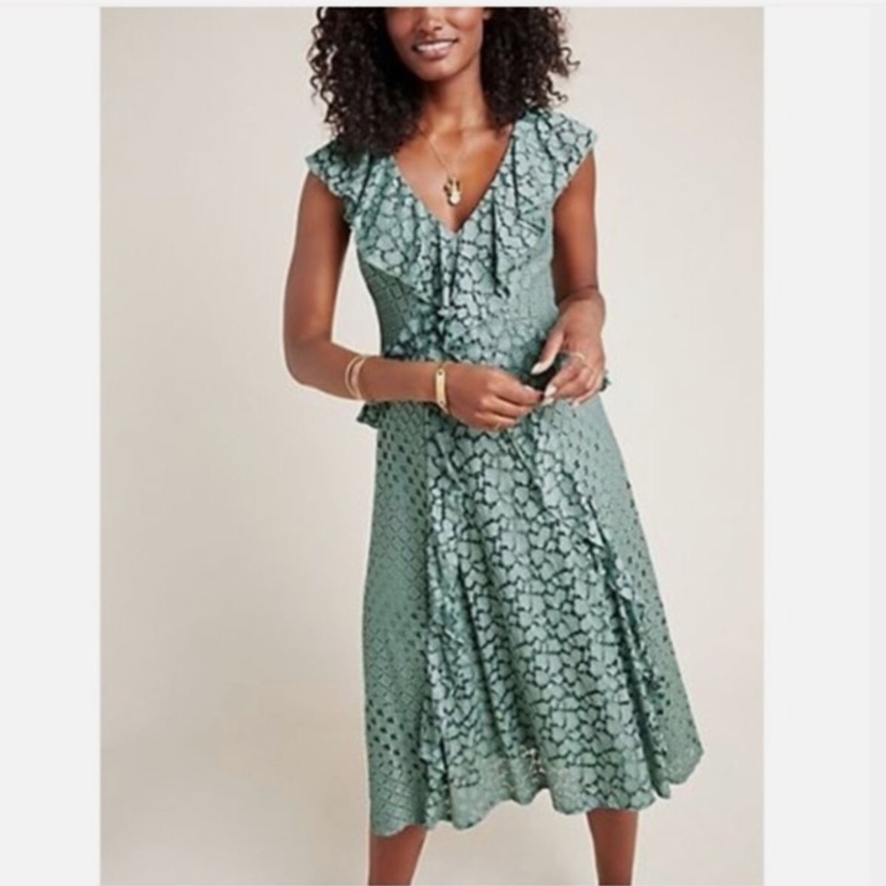 Anthropologie Antoinette Mint Green Eyelet Lace Ruffled Midi